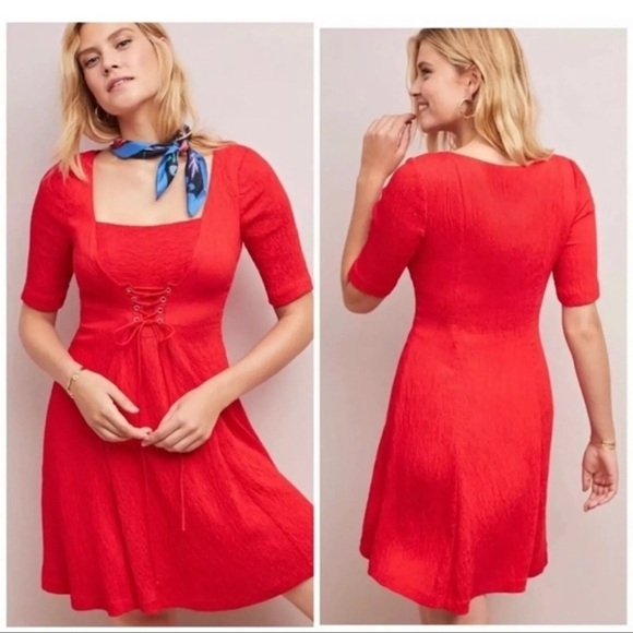 Anthropologie Maeve Juliet Corseted Textured Mini Dress in Red Women’s US Size 8 - Picture 1 of 16